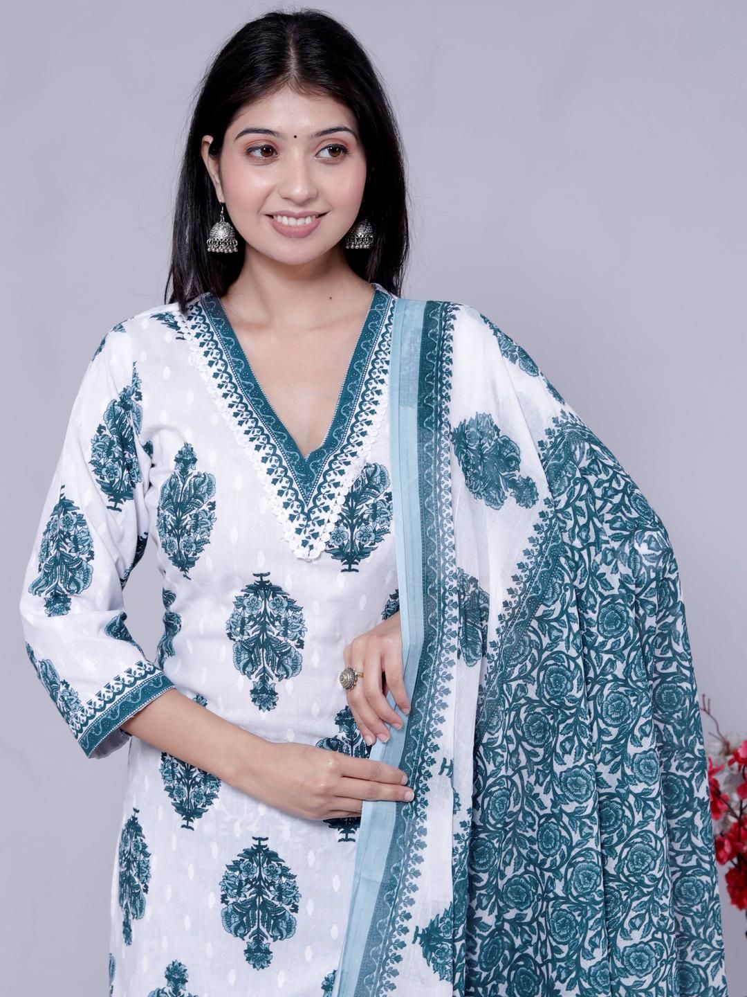 KALINI Women Floral Printed Regular Pure Cotton Kurta with Trousers & With Dupatta