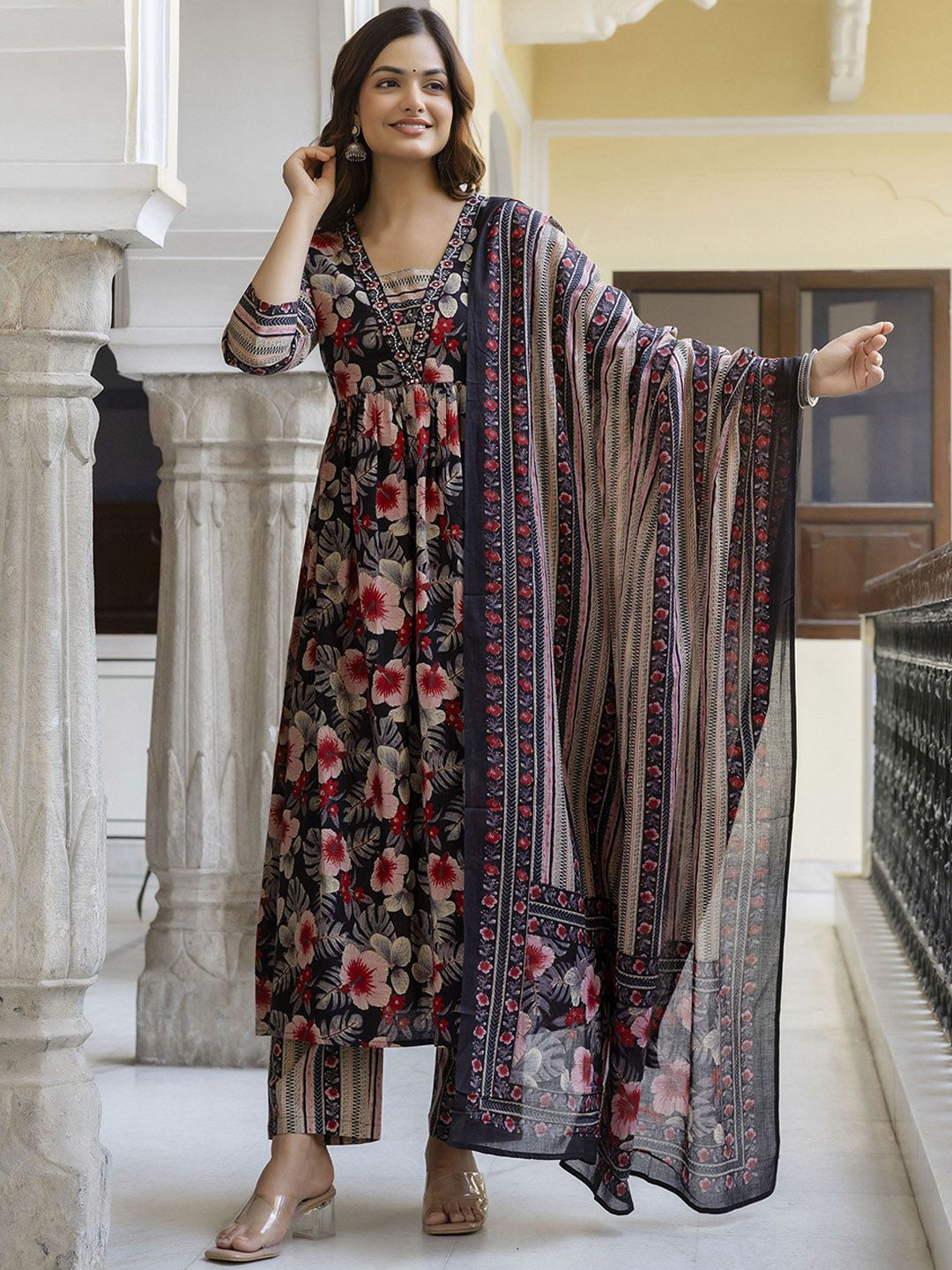Anouk Floral Printed Pure Cotton Anarkali Kurta With Trousers & Dupatta