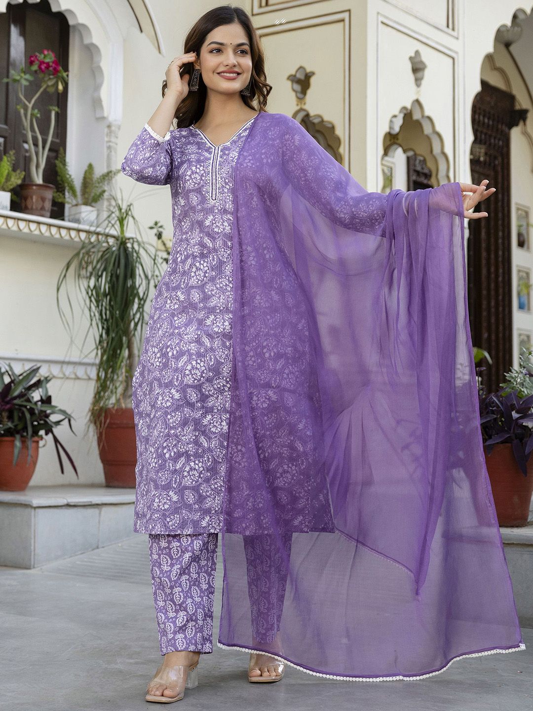 EthniFlair Women Floral Yoke Design Cotton Kurta with Trousers & Dupatta