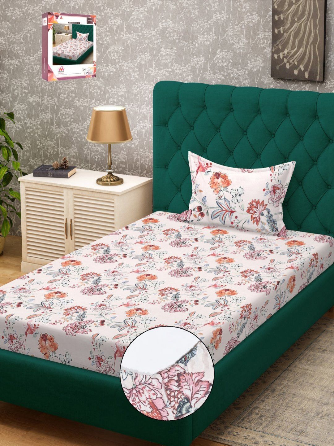 Myntra Elegant Homes White & Orange Floral 300 TC Single Bedsheet with 1 Pillow Covers-picture-20