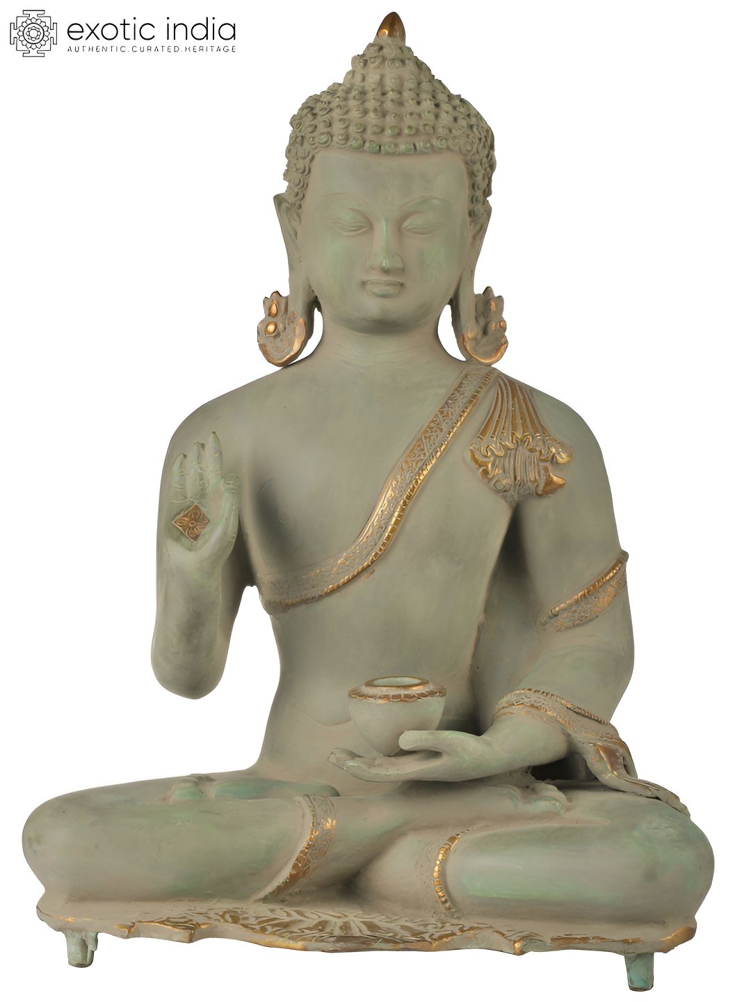 Exotic India Green & Gold Toned Buddha Brass Idol Showpiece-picture-28