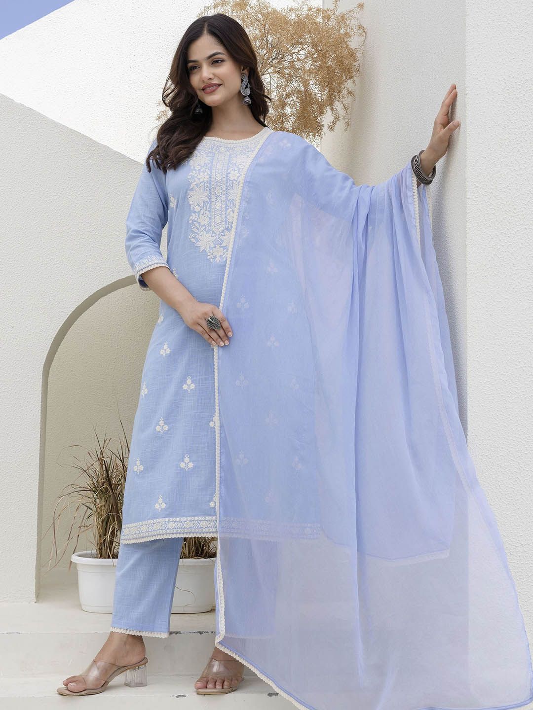 EthniFlair Women Floral Embroidered Cotton Kurta with Trousers & Dupatta-picture-17