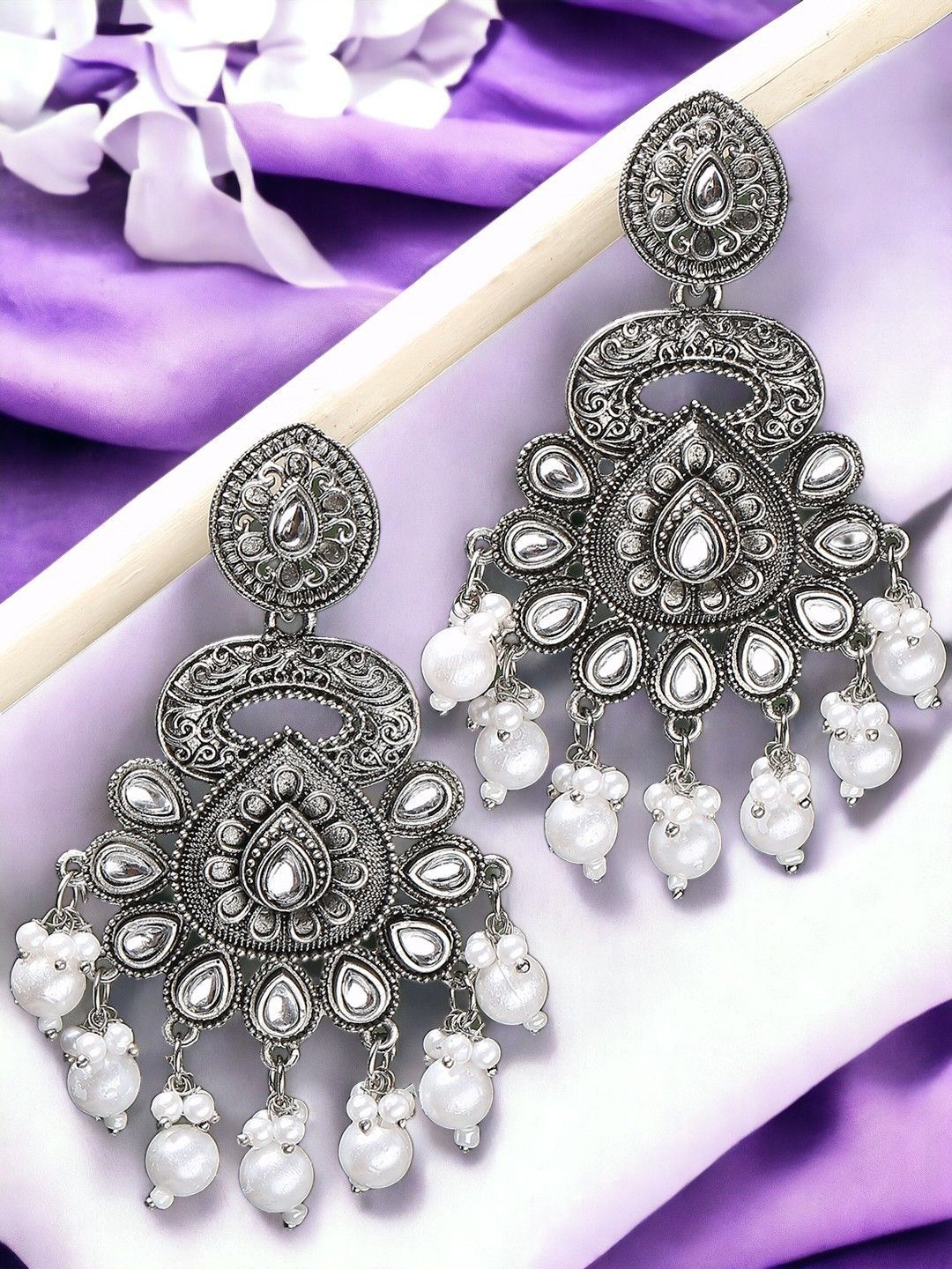 Sangria Artificial Stones Studded & Pearls Beaded Oxidised Contemporary Drop Earrings-picture-27