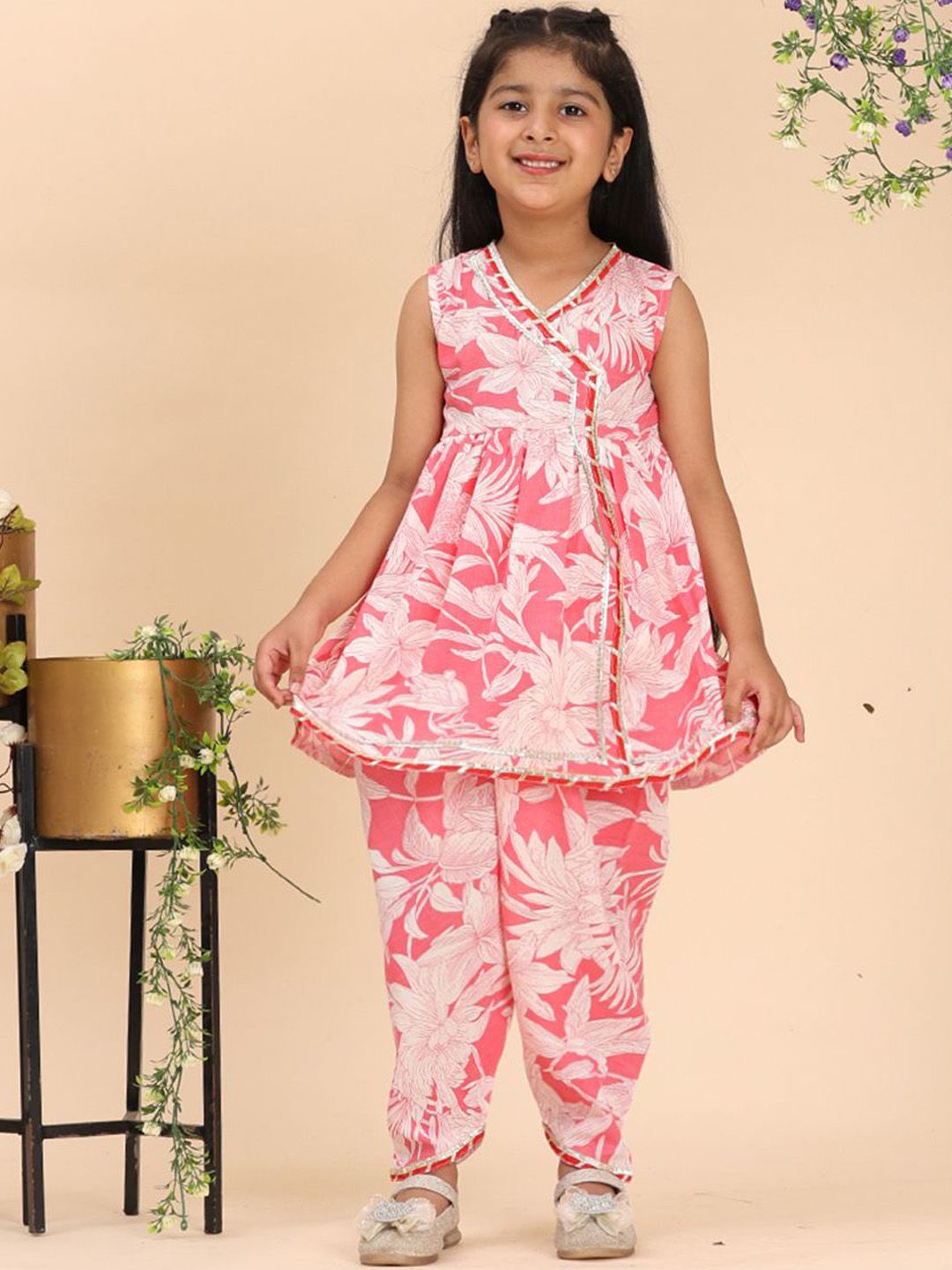 Cutiekins Girls Floral Printed Angrakha Gotta Patti Kurta with Dhoti Pants-picture-33