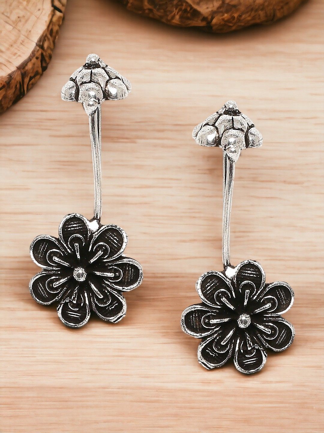 Sangria Oxidised Floral Ethnic Ear Cuff Earrings-picture-16