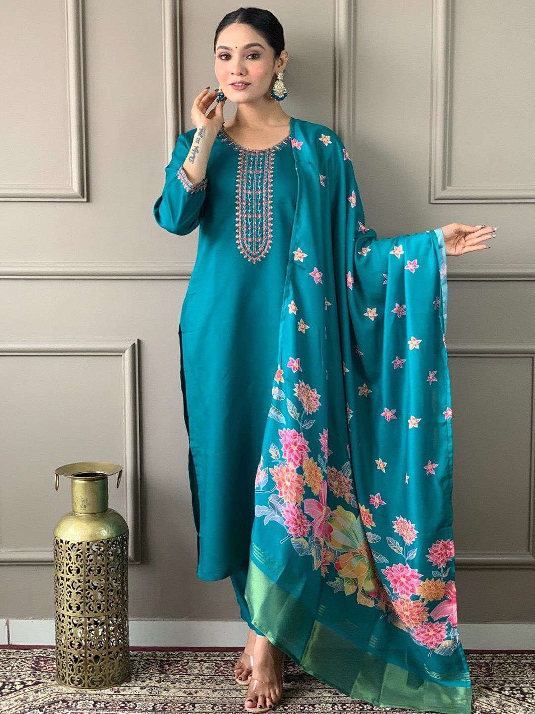 Moda Rapido Floral Yoke Design Thread Work Kurta With Trousers & Dupatta