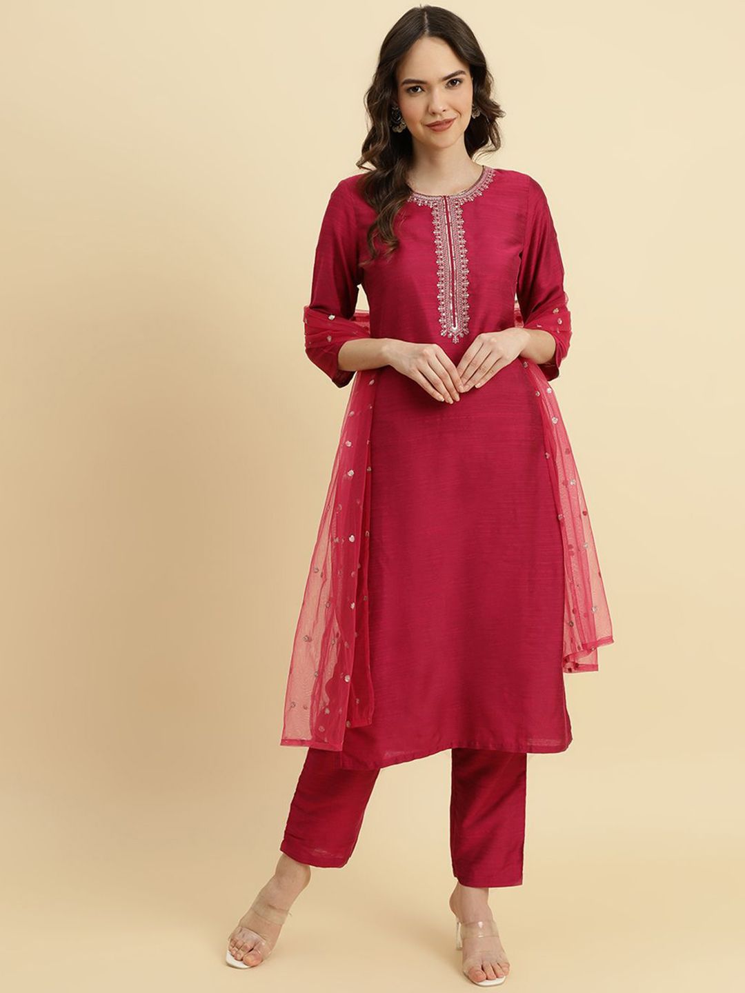 House of Pataudi Zari Embroidered Straight Kurta & Trousers With Dupatta