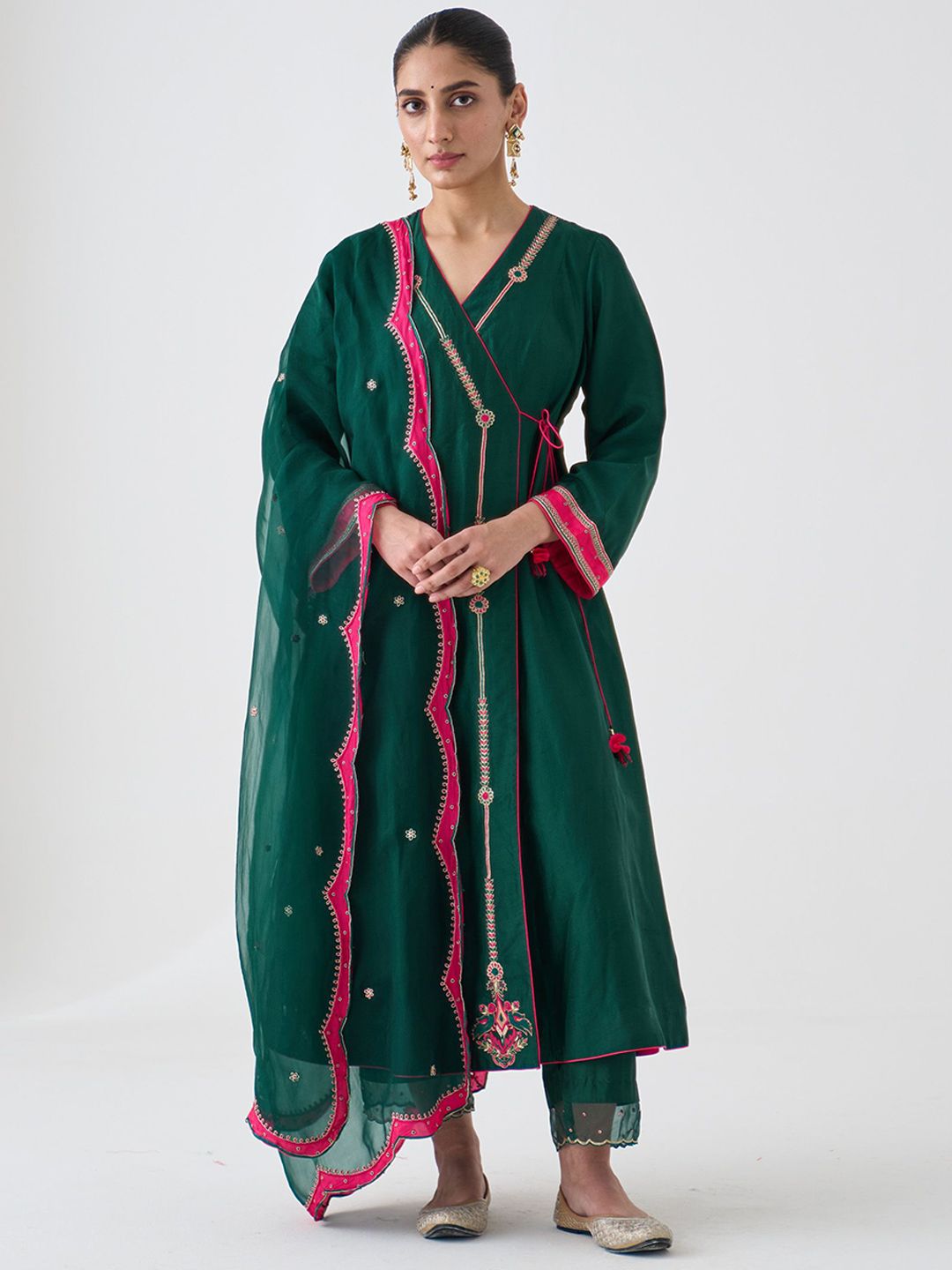 JANKI INDIA Embroidered V-Neck Anarkali Dupion Silk Kurta With Trousers And Dupatta-image-20