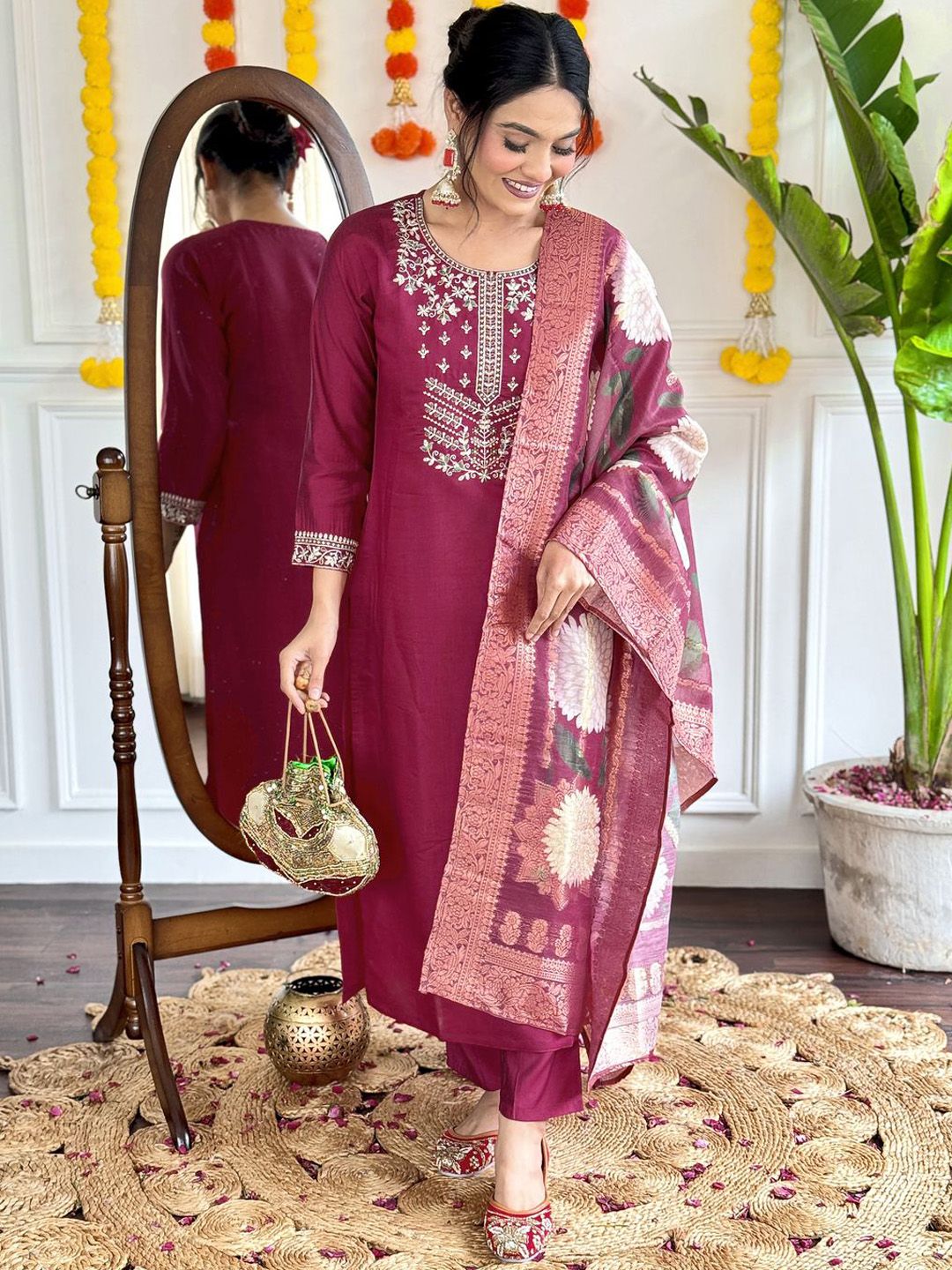 Storebrite Floral Embroidered Round Neck Chanderi Silk Kurta With Trousers & Dupatta