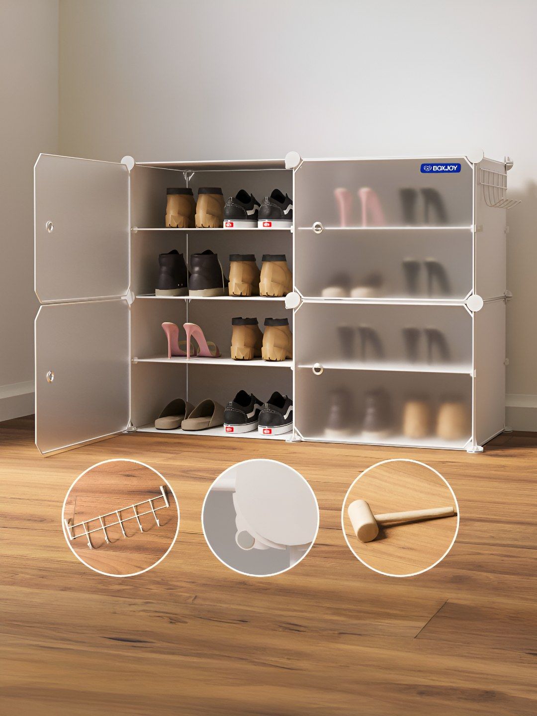 BOXJOY White Waterproof & Dustproof 8-Shelf Shoe Rack With Doors