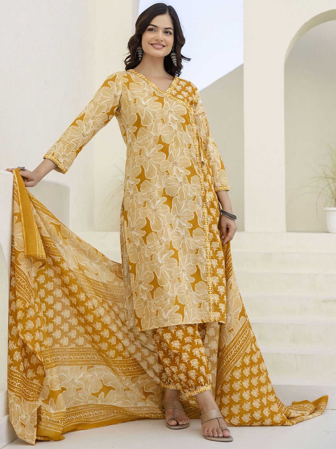 Anouk Women Floral Printed Cotton Kurta with Patiala & Dupatta