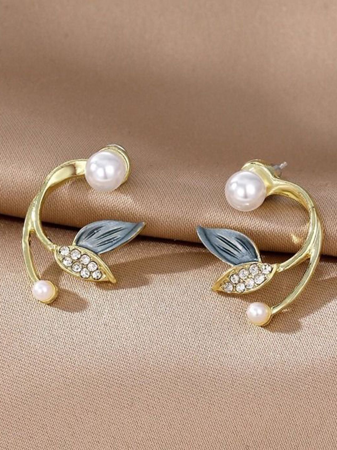 PASU FASHION Gold-Plated Artificial Stone Studded & Pearls Beaded Floral Studs-picture-29