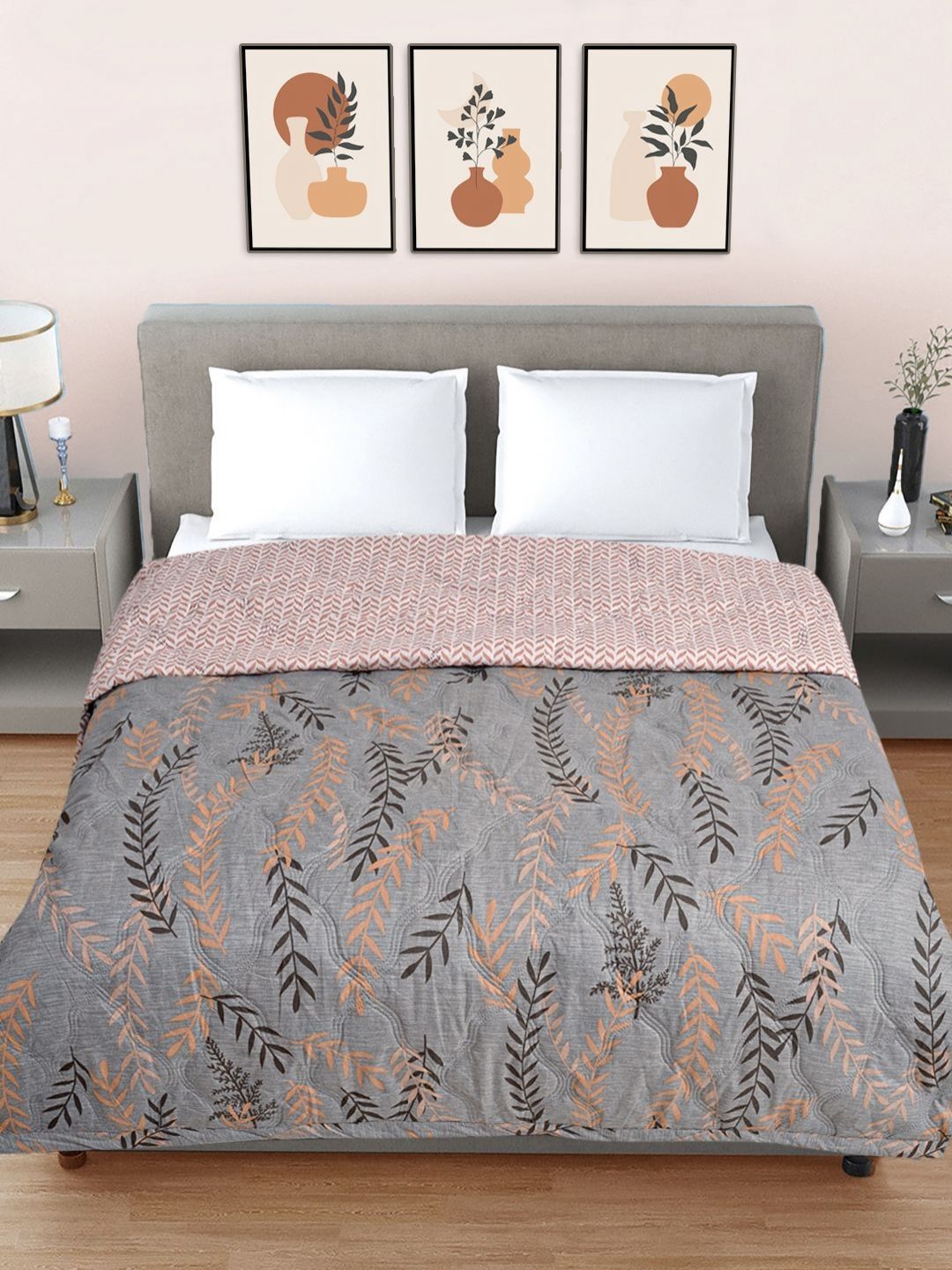 Myntra Elegant Homes Grey & Pink Floral AC Room 350 GSM Double Bed Comforter-image-9