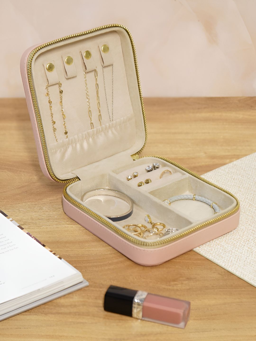 RCASA Pink & Gold-Toned Faux Leather Jewellery Organiser-image-1