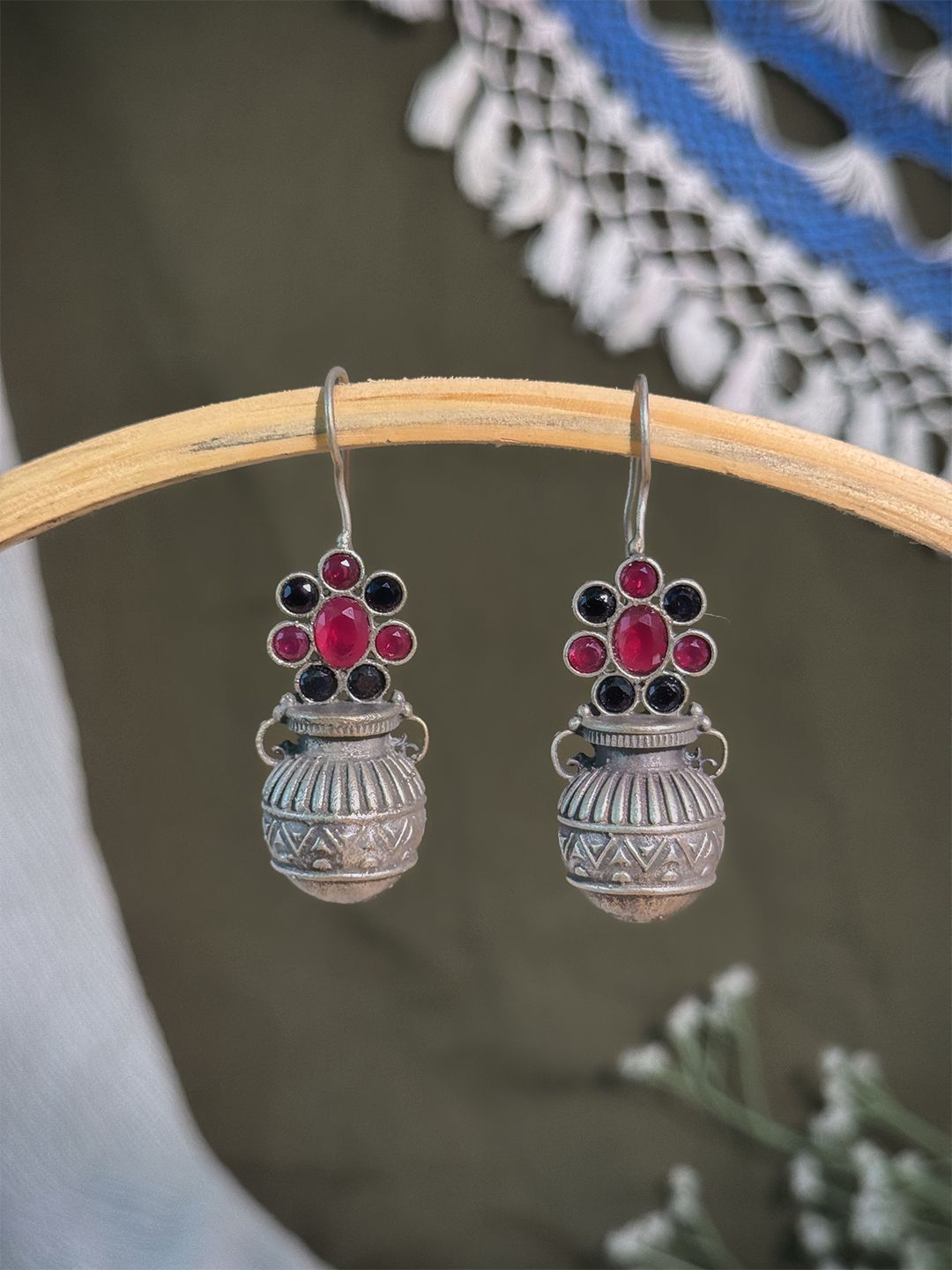 NAMAN ARTS Silver-Plated Artificial Stoned Studded Contemporary Oxidised Drop Earrings-picture-21