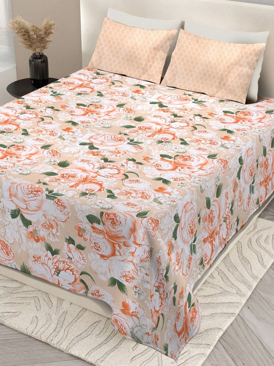 Aura Peach-Coloured & Orange Printed 200 TC King Bedsheet Set 2.28 m x 2.54 m-picture-40