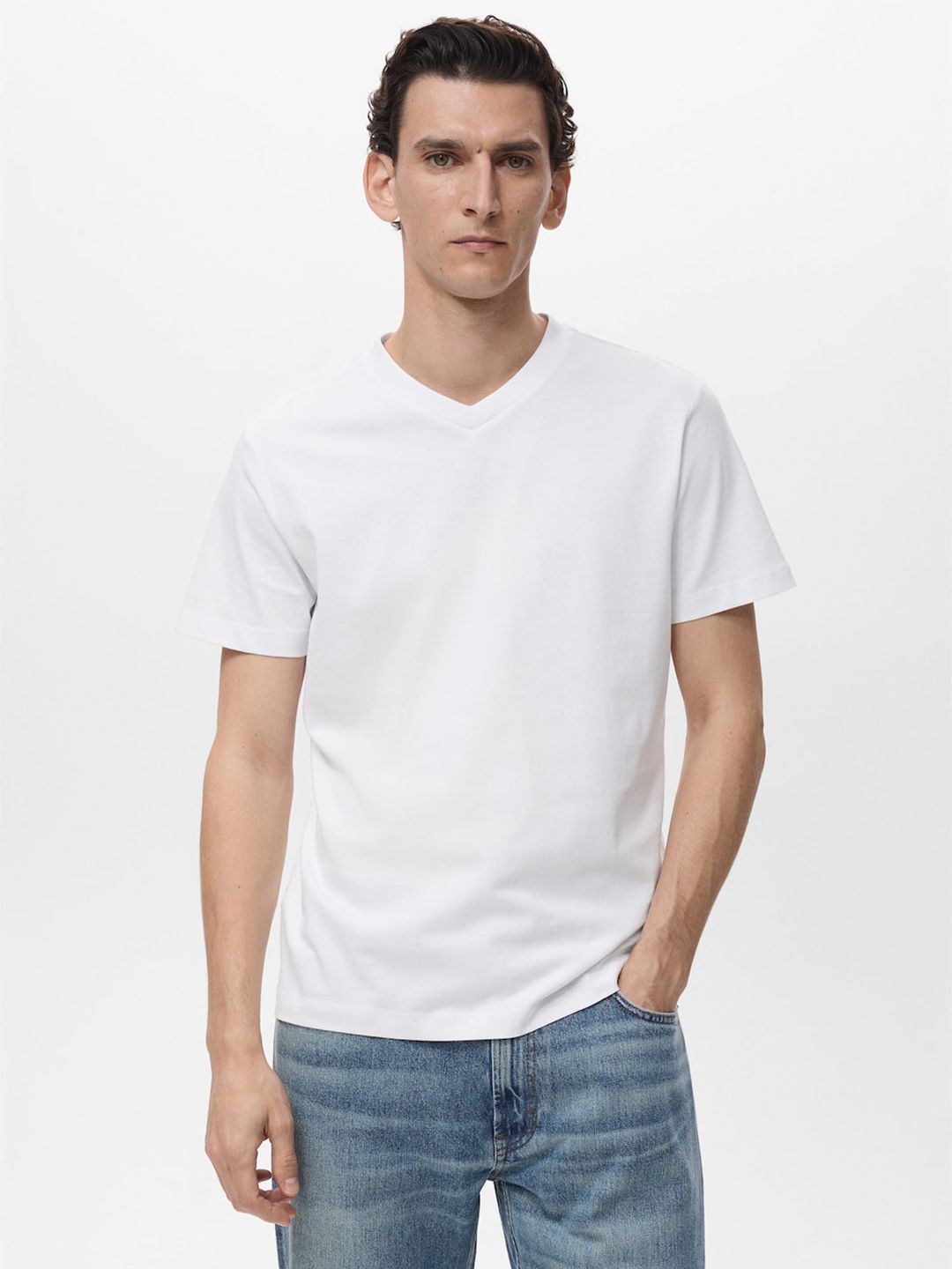 MANGO MAN Men V-Neck Pure Cotton Slim Fit T-shirt-picture-41