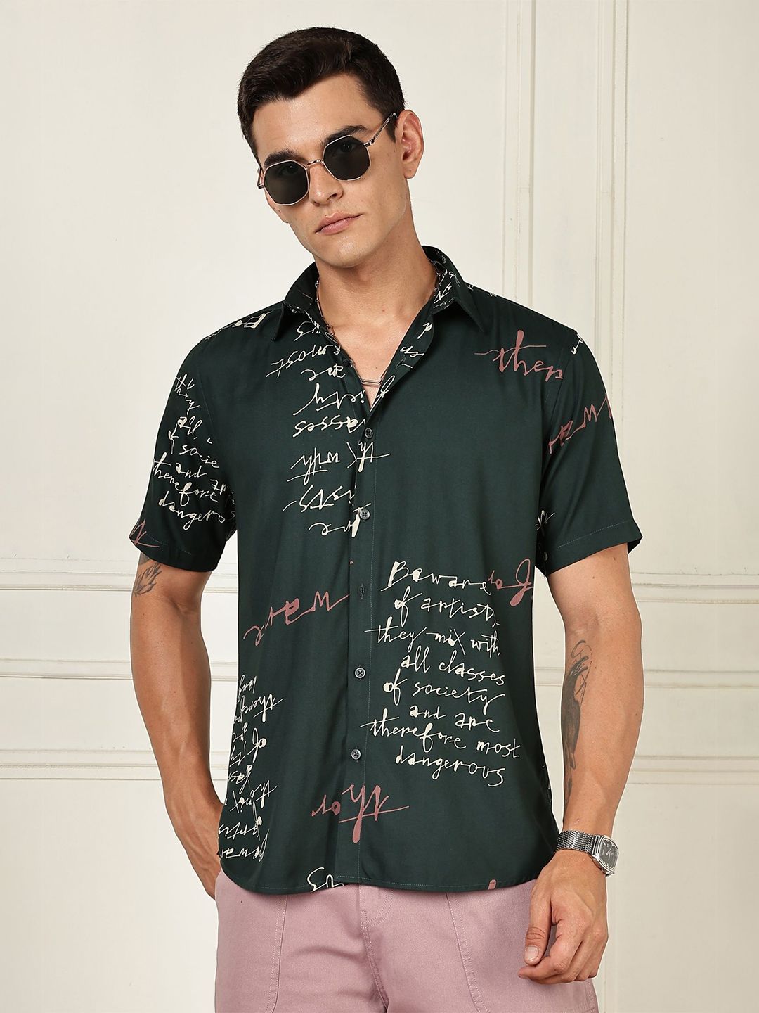 BS BLUE SQUAD Men India Slim Tailored Fit Typography Printed Spread Collar Casual Shirt-picture-32