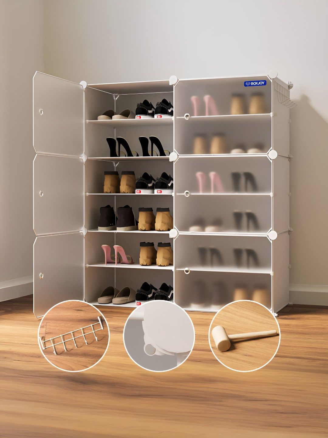 BOXJOY White Waterproof & Dustproof 12-Shelf Shoe Rack With Doors