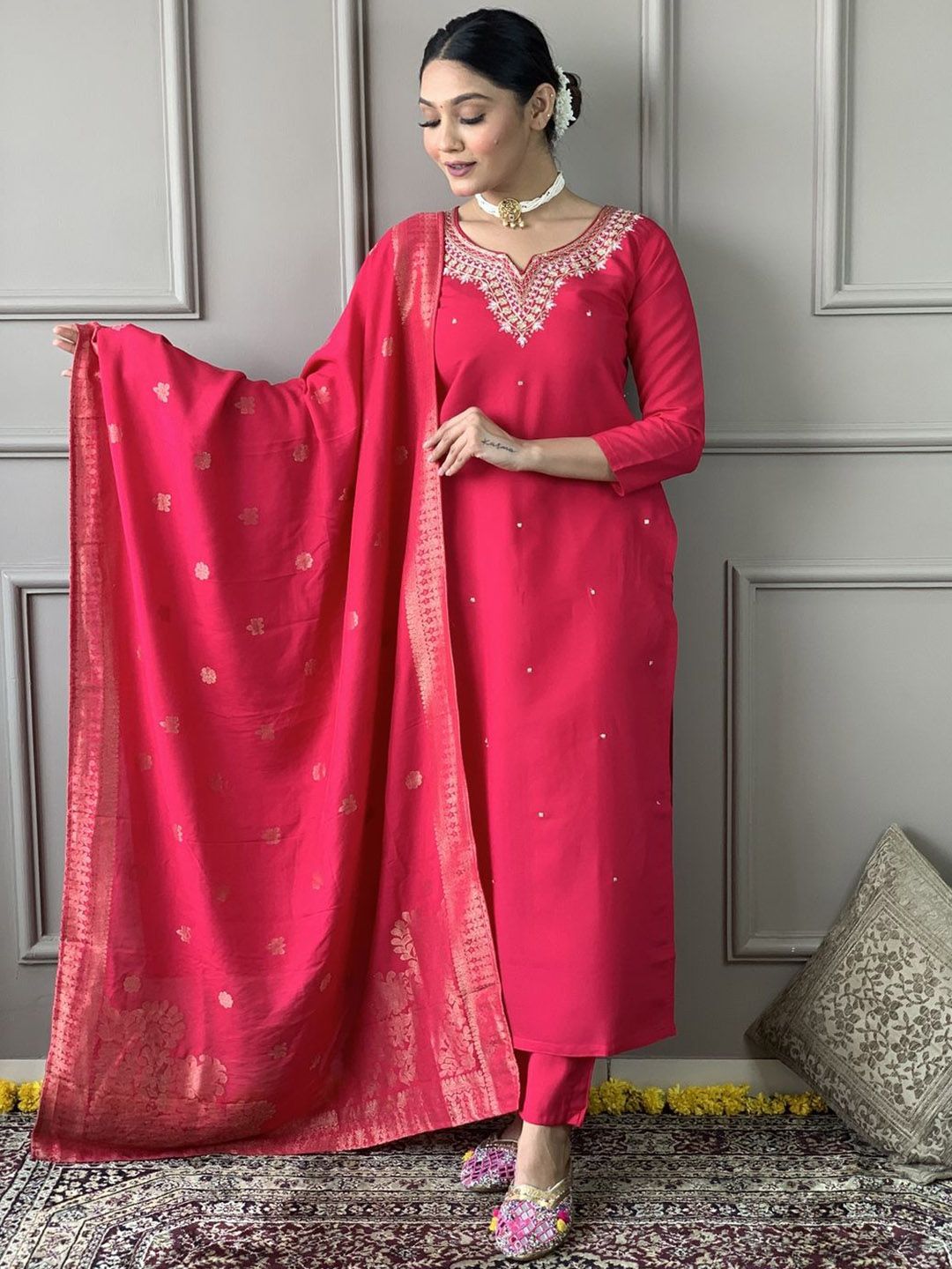 Storebrite Women Floral Embroidered Chanderi Silk Kurta with Trousers & Dupatta