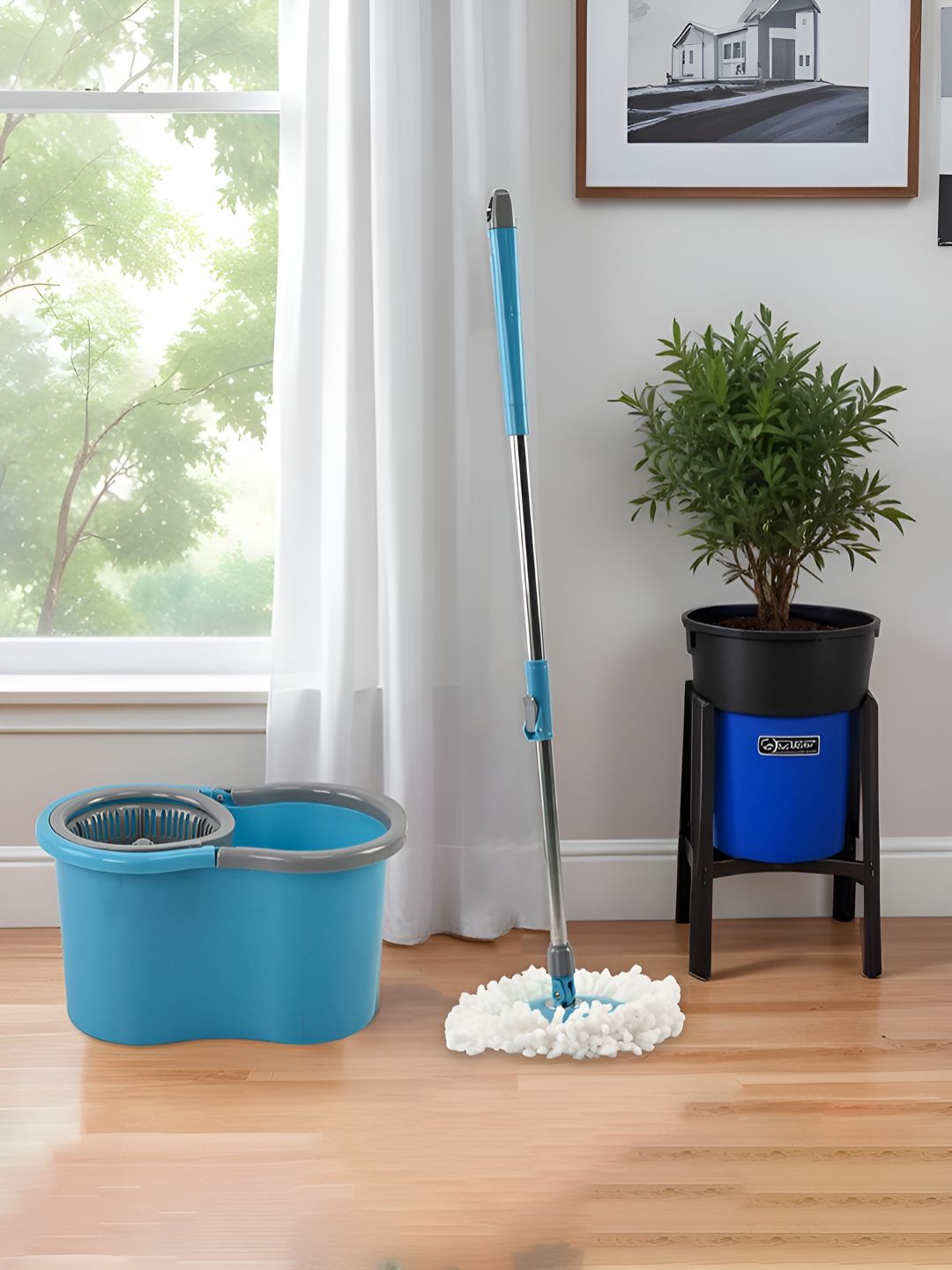 Myntra Elegant Homes Blue Stainless Steel Wringer Mopping Bucket With 2 Refills-picture-54
