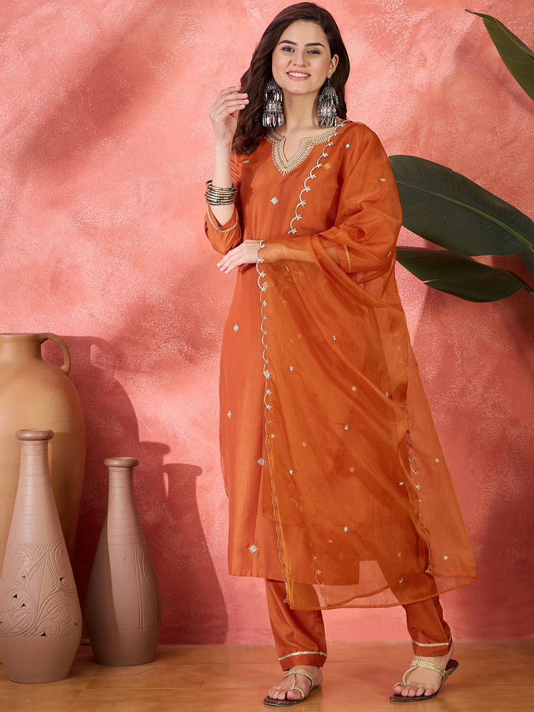 Sangria Floral Embroidered Notch Neck Thread Work Straight Kurta With Trouser & Dupatta