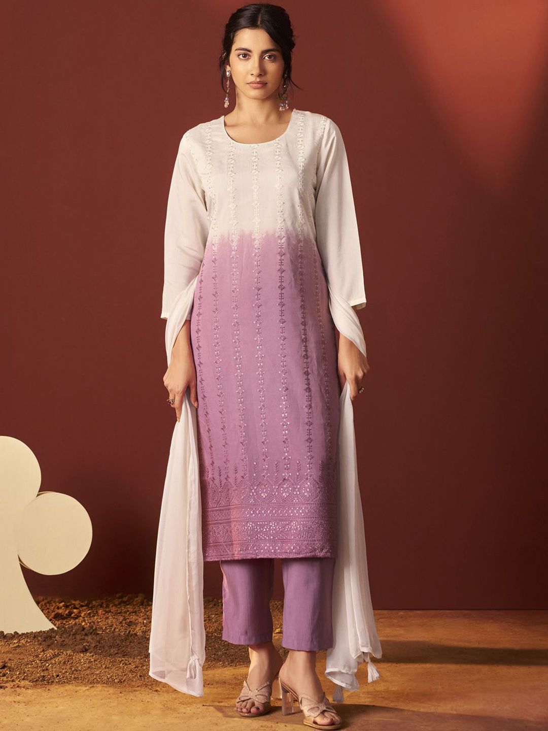 DRESOUL Ombre Dyed Thread Work Chanderi Cotton Kurta With Churidar & Dupatta