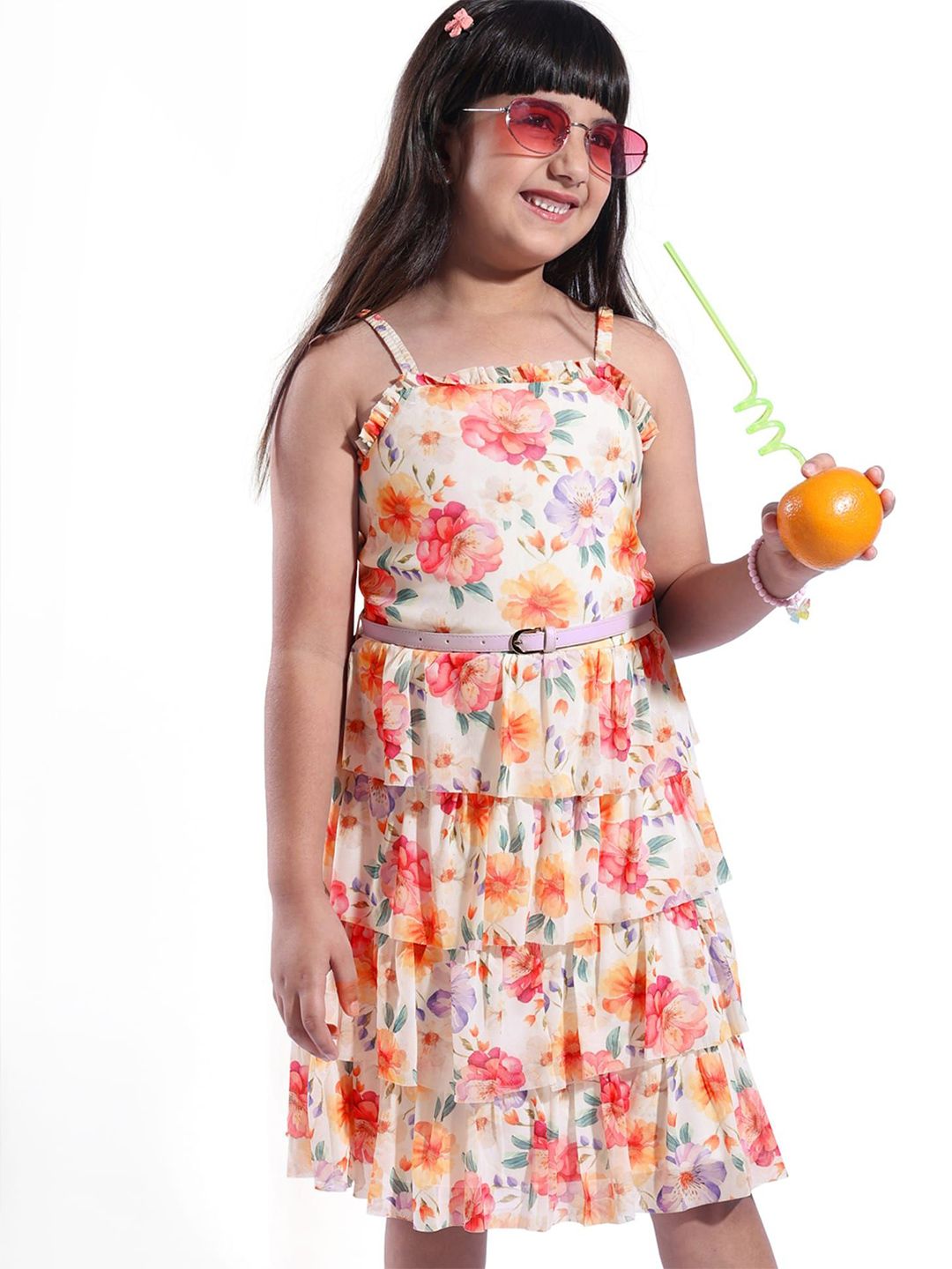 ARIAS By LARA DUTTA Girls Floral Printed Layered Shoulder Straps Peplum Dress With Belt-picture-57