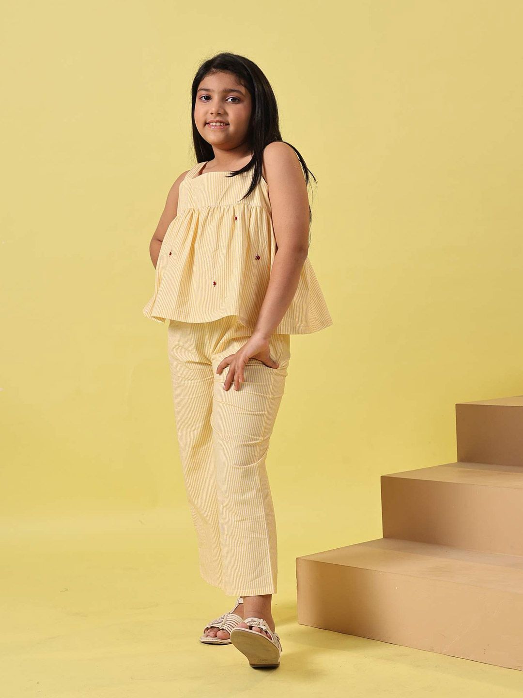 Sangria Girls Striped & Embroidered Cotton Jumpsuit-image-8