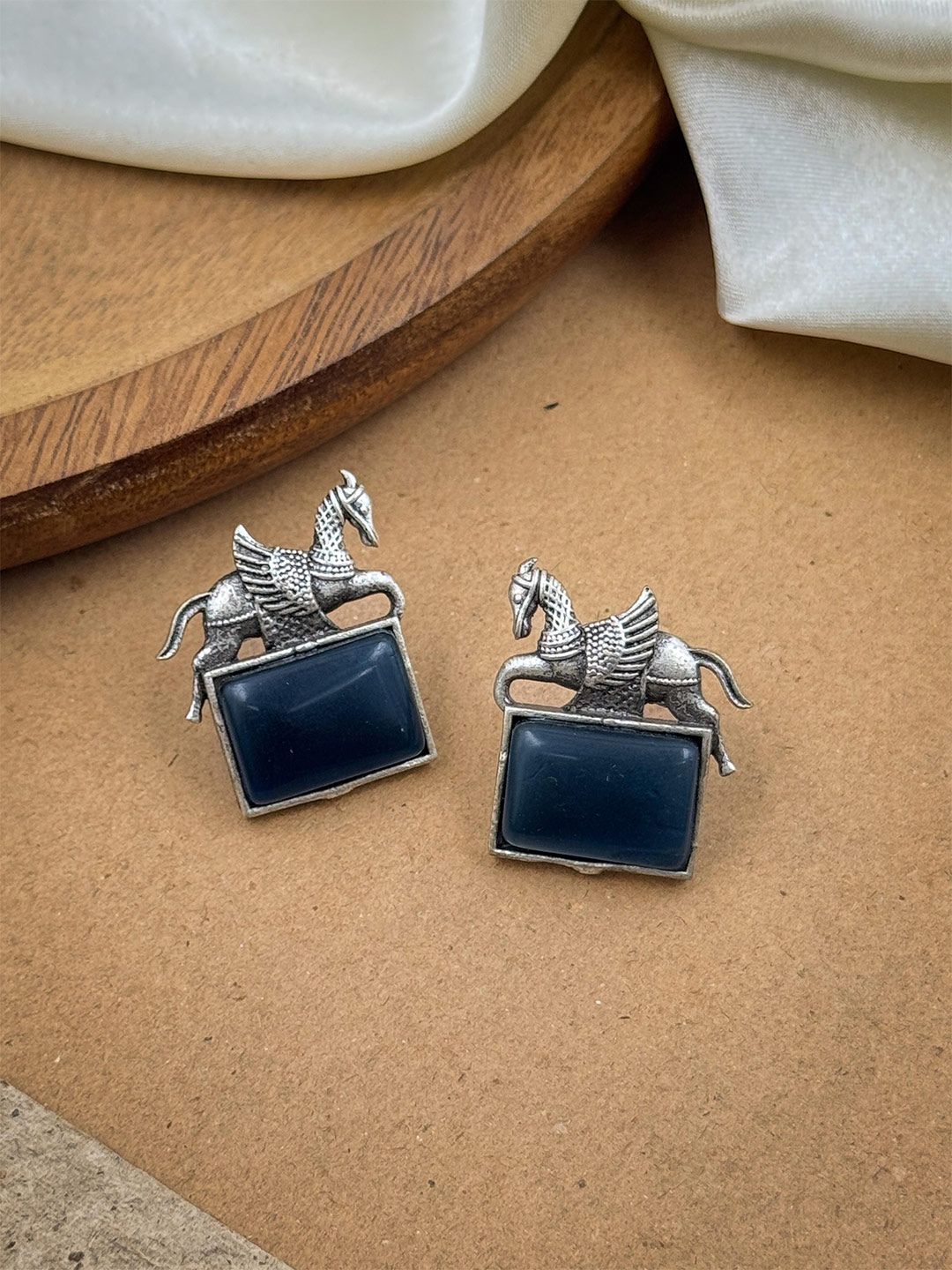 NAMAN ARTS Silver-Plated Artificial Stones Studded Oxidised Animal Shaped Studs-picture-27