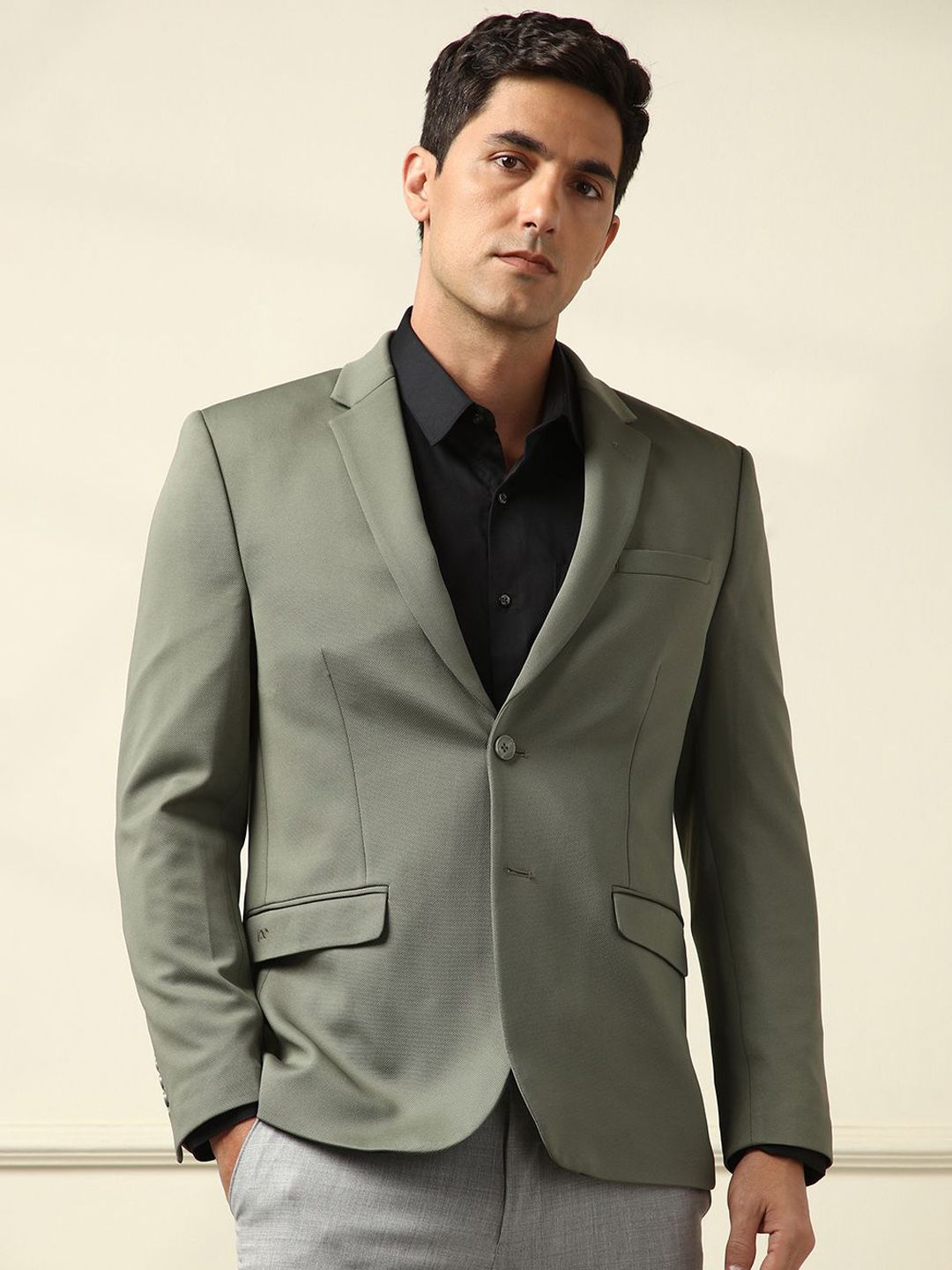Peter England Elite Self Designed Notched Lapel Collar Slim-Fit Single Breasted Blazer-image-15