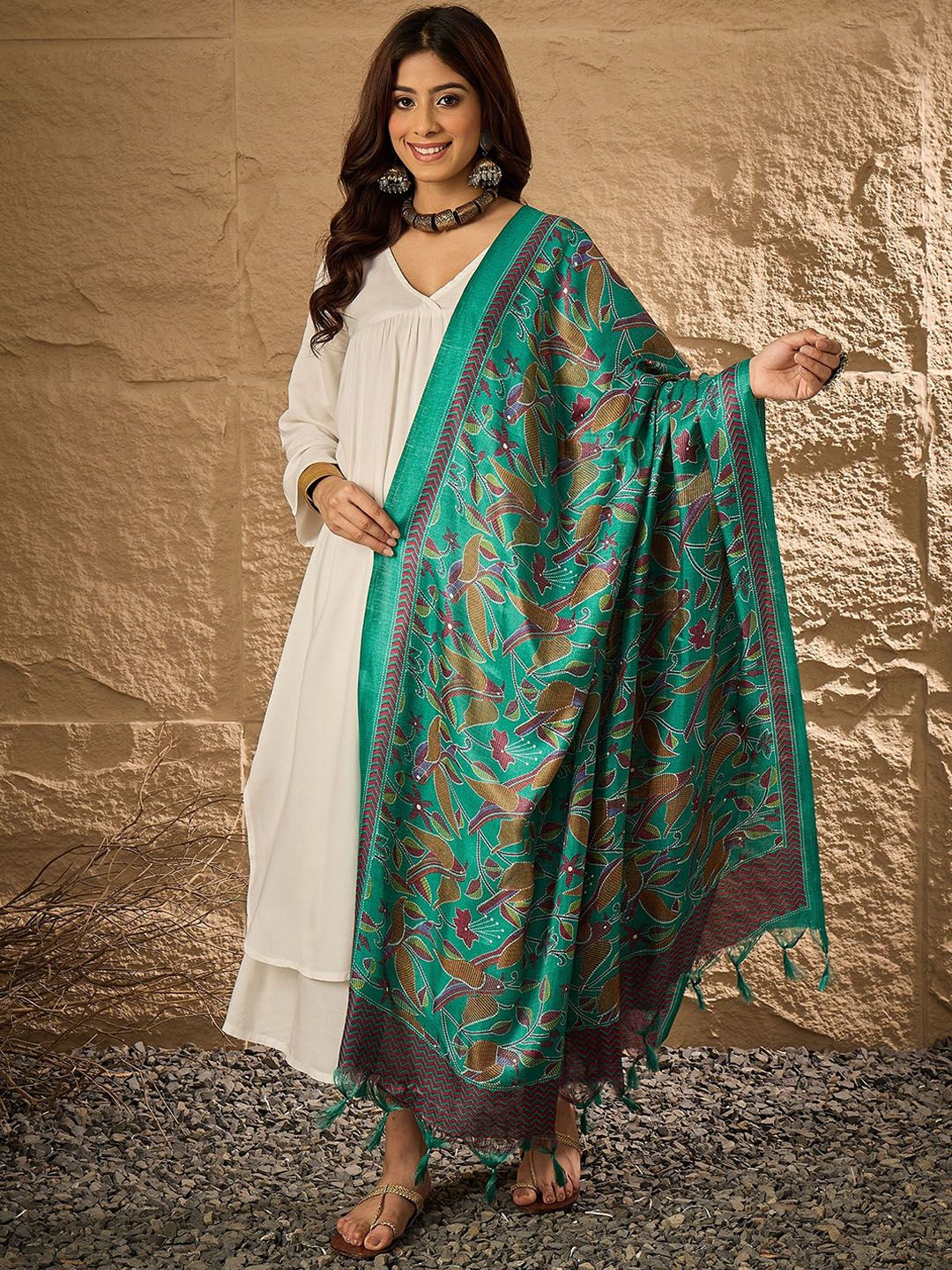 InWeave V-Neck A-Line Kurta With Palazzos And Dupatta