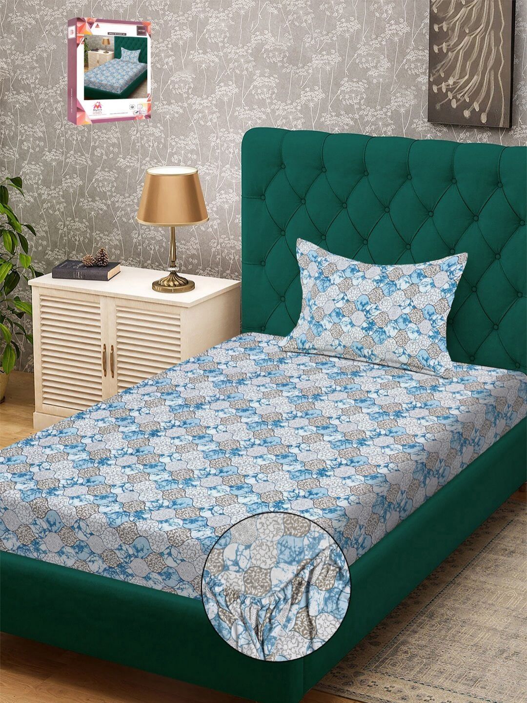 Myntra Elegant Homes Blue & White Floral 300 TC Single Bedsheet with 1 Pillow Covers-picture-23