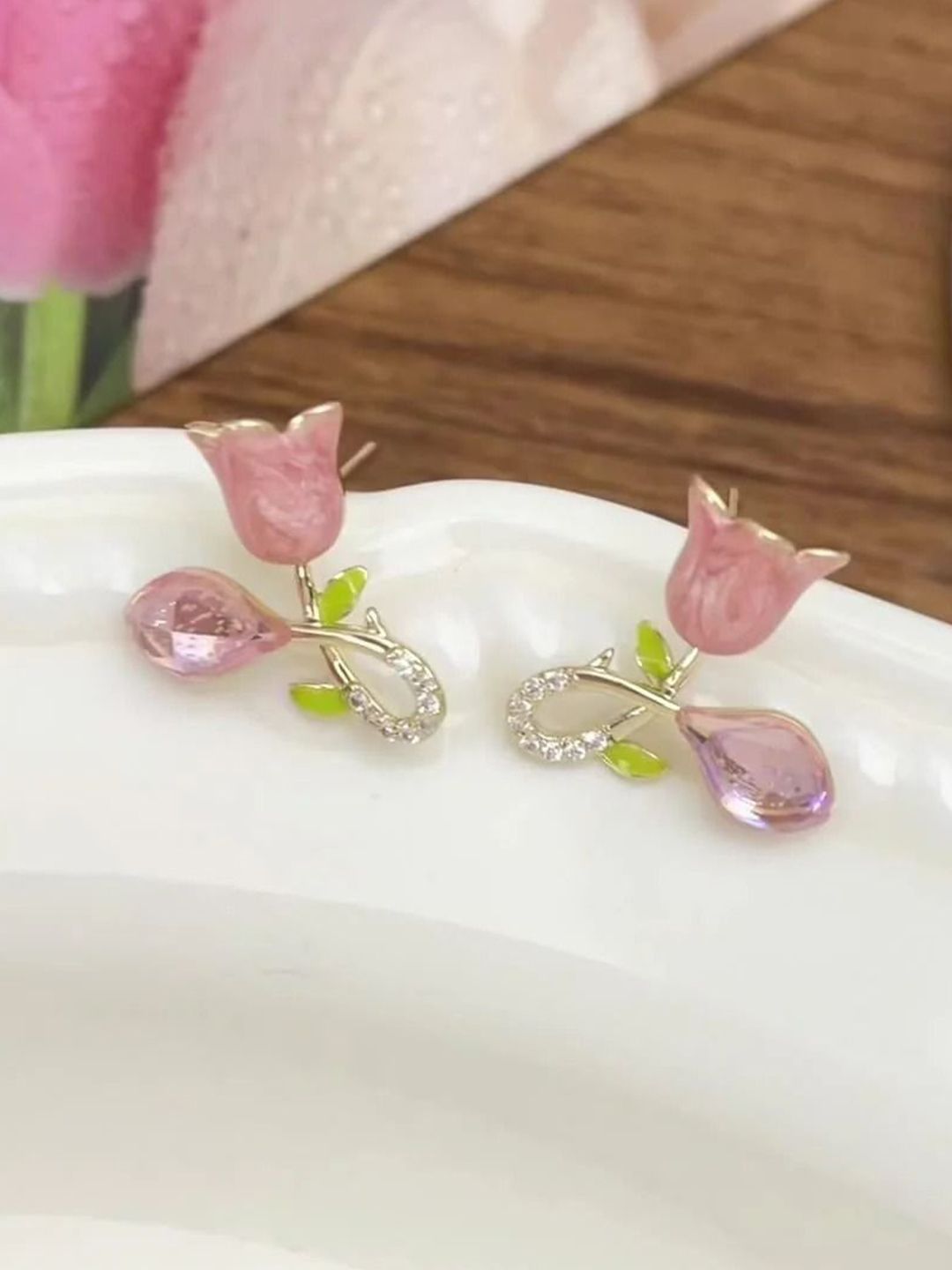 PASU FASHION Gold-Plated Artificial Stone Studded Floral Studs-picture-24