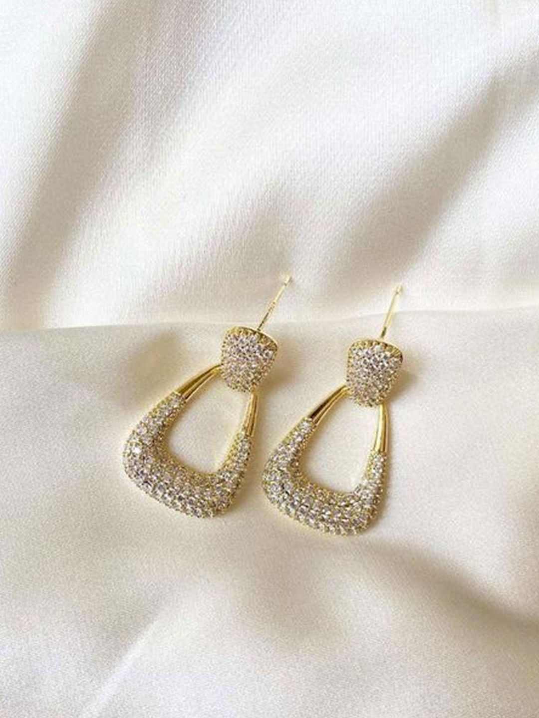 PASU FASHION Gold-Plated Artificial Stones Studded Contemporary Drop Earrings-picture-21