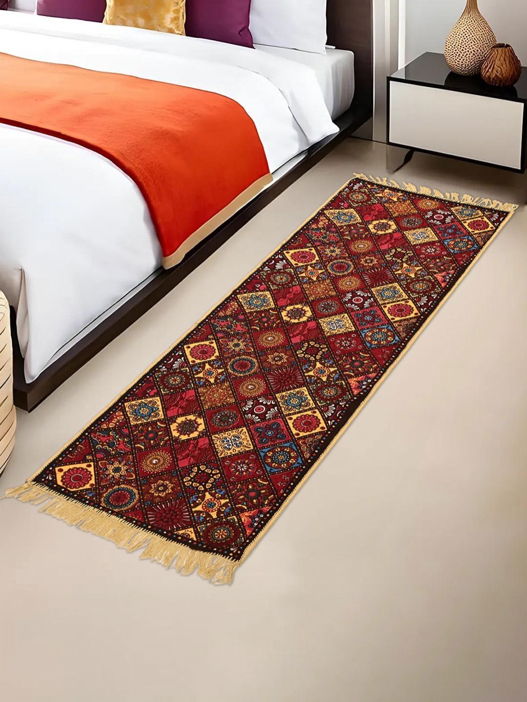 Myntra Elegant Homes Brown & Blue Printed Bed Side Runner