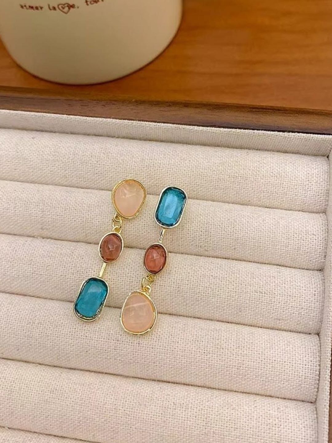 PASU FASHION Gold-Plated Artificial Stones Studded Contemporary Drop Earrings-picture-19