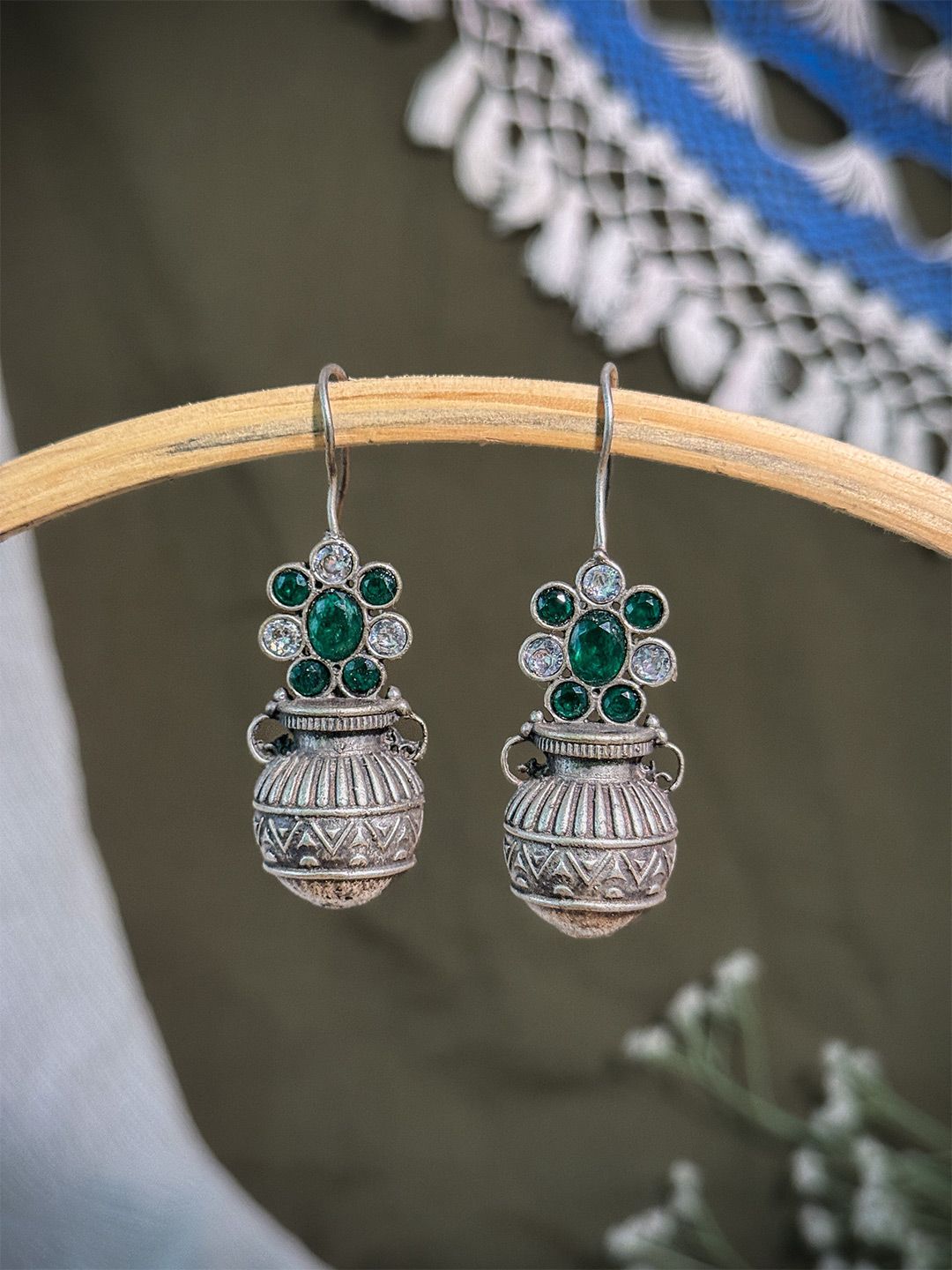 NAMAN ARTS Silver-Plated Oxidised Artificial Stones Studded Contemporary Drop Earrings-picture-16