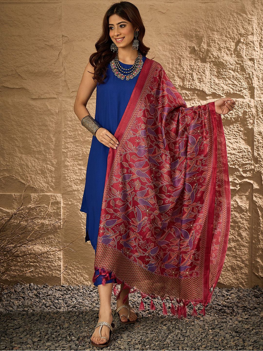 InWeave Round Neck A-Line Kurta With Palazzos And Dupatta