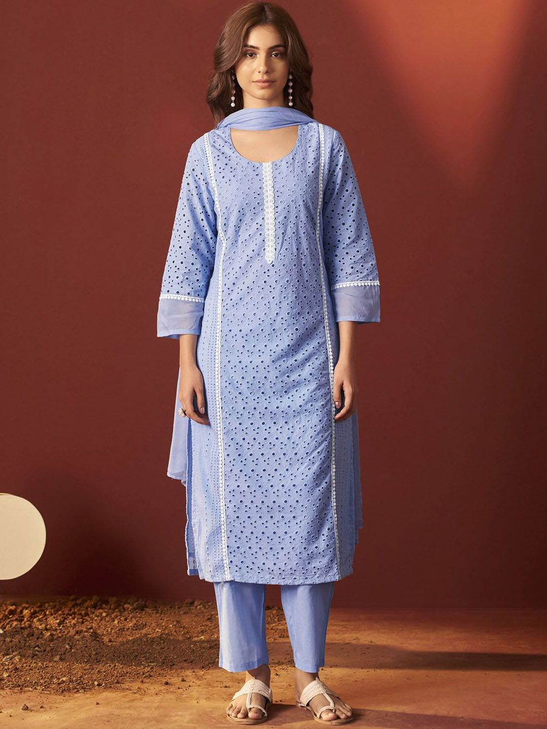 DRESOUL Women Embroidered Sky Blue Pure Cotton Schiffly Kurta Set With Dupatta