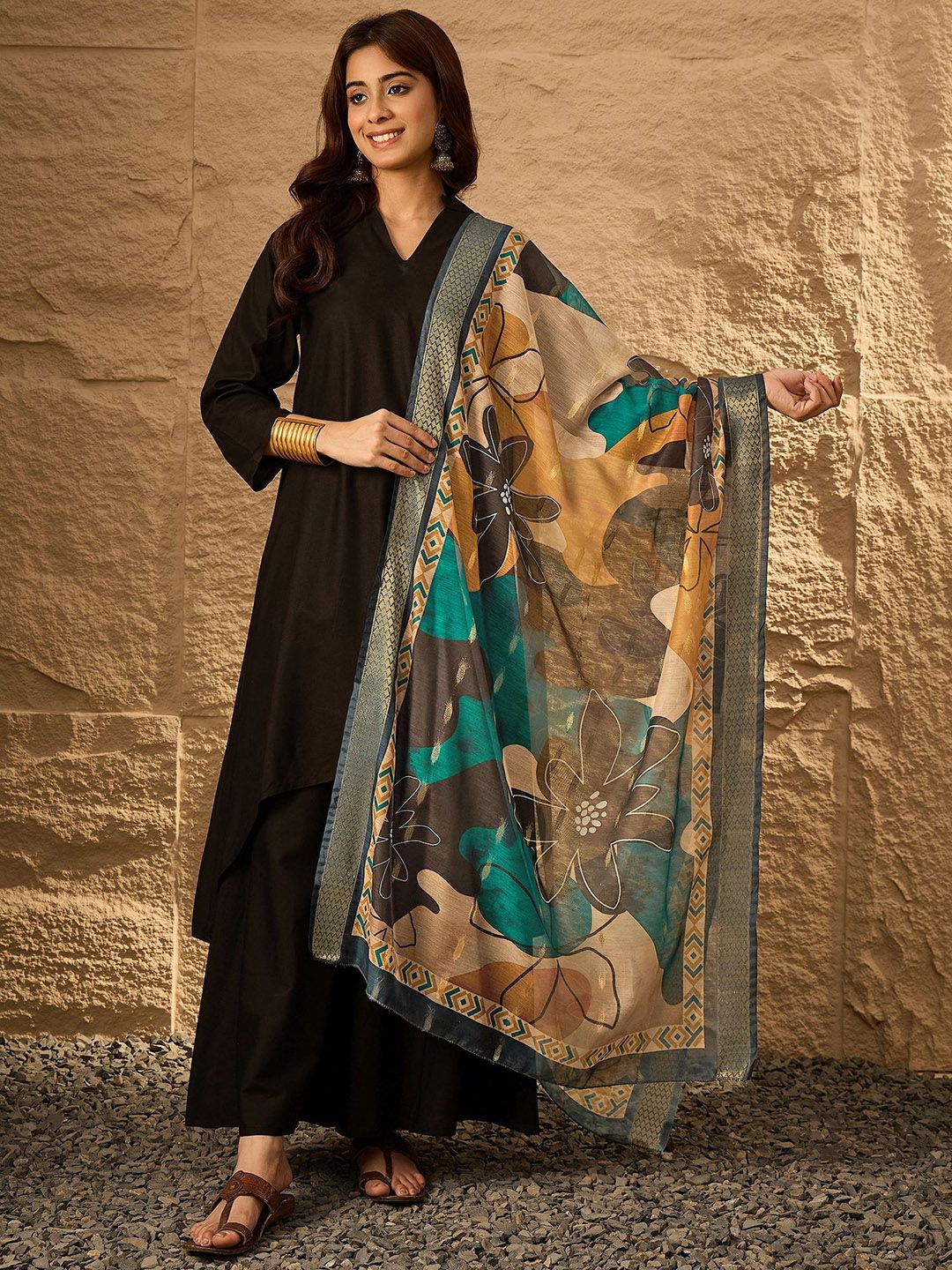 InWeave V Neck A Line Kurta With Palazzos & Dupatta