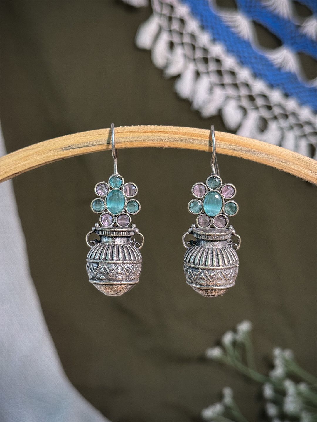 NAMAN ARTS Silver-Plated Oxidised Artificial Stones Studded Contemporary Drop Earrings-picture-18