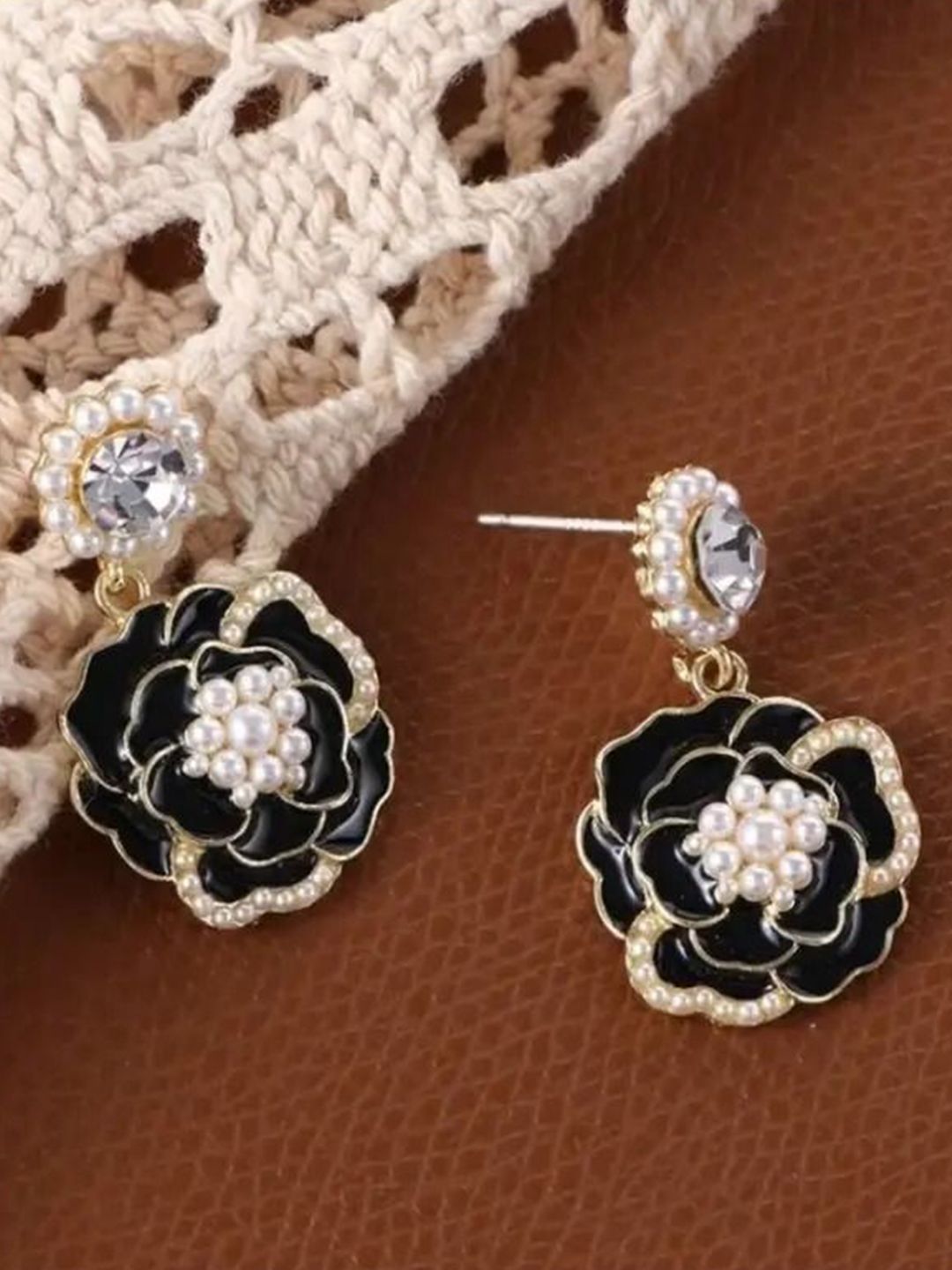 PASU FASHION Gold-Plated Artificial Stone Studded & Pearls Beaded Floral Drop Earrings-picture-25