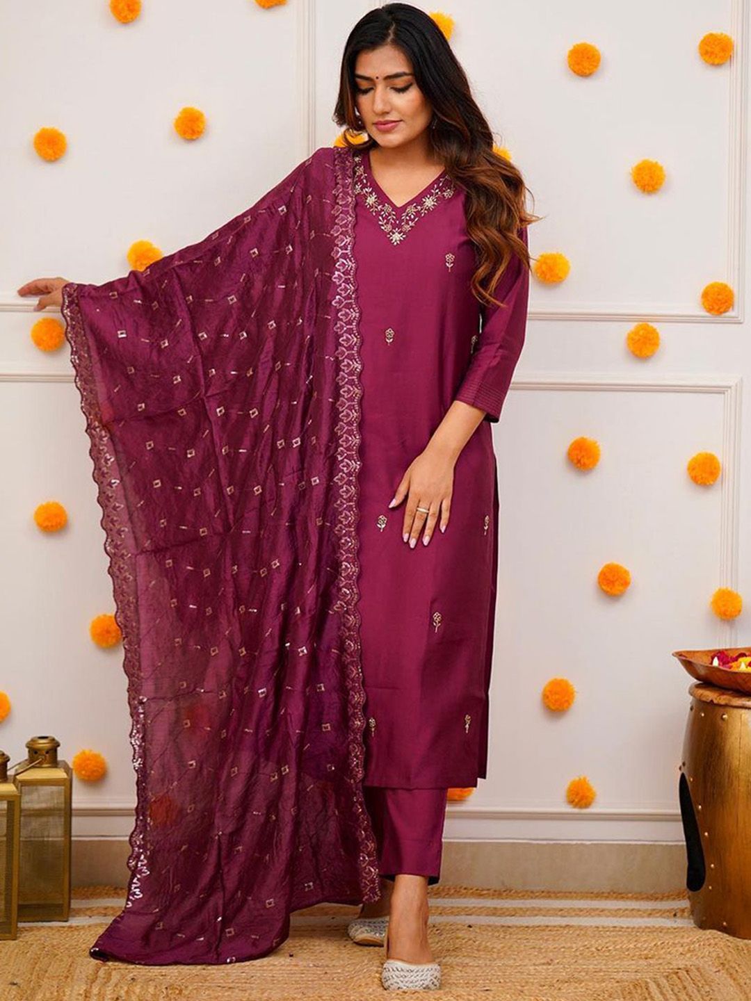 Storebrite Floral Embroidered V-Neck Chanderi Silk Kurta With Trousers & Dupatta