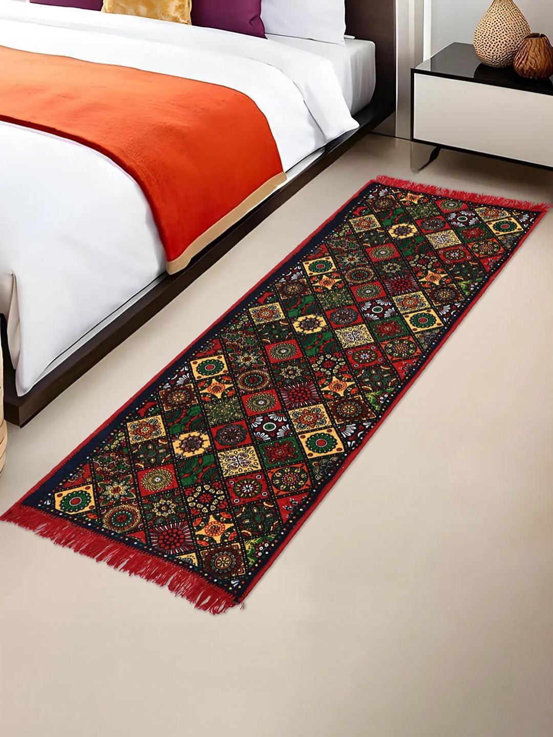 Myntra Elegant Homes Red & Green Printed Bed Side Runner