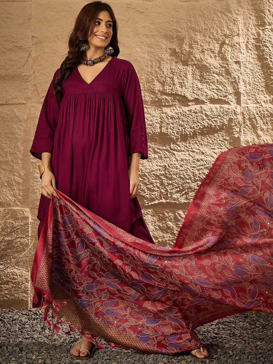 InWeave Women V-Neck Regular Kurta with Palazzos & Dupatta