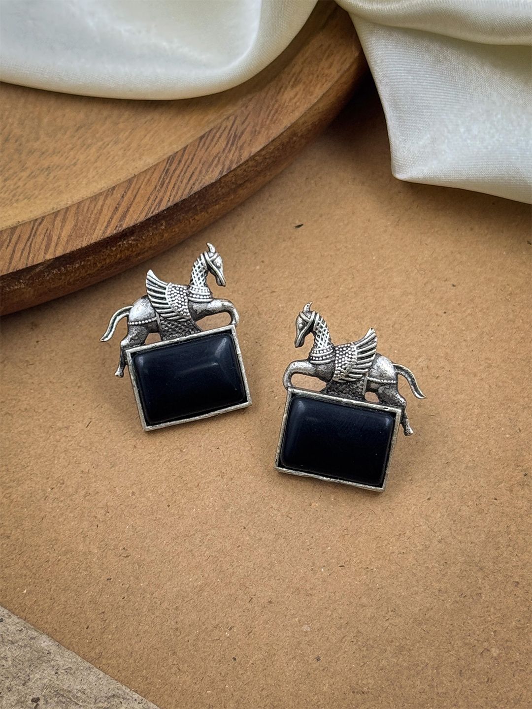 NAMAN ARTS Silver-Plated Oxidised Artificial Stones Studded Animal Shaped Studs-picture-12