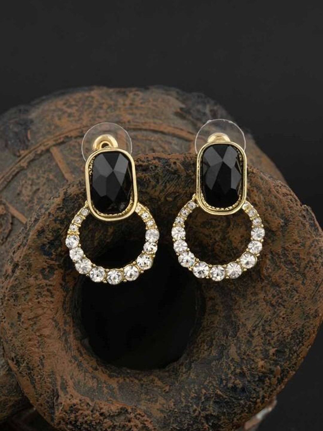 PASU FASHION Gold-Plated Artificial Stone Studded Contemporary Drop Earrings-picture-41