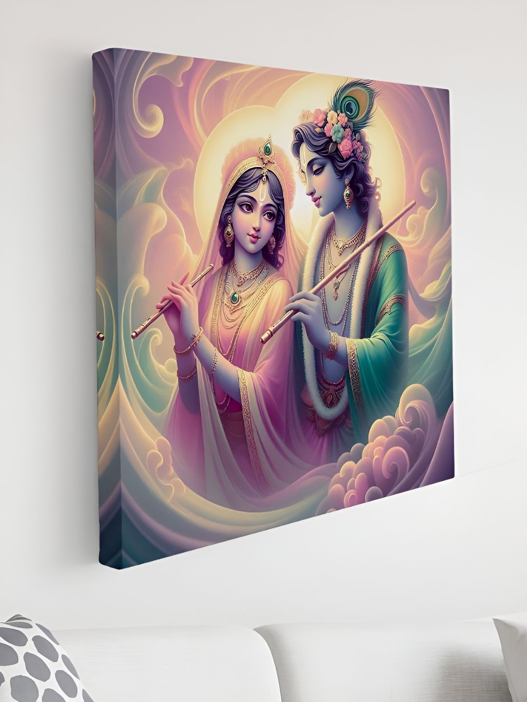SAF Pink & Green Radha Krishna Celestial Love Canvas Religious Wall Art-image-49