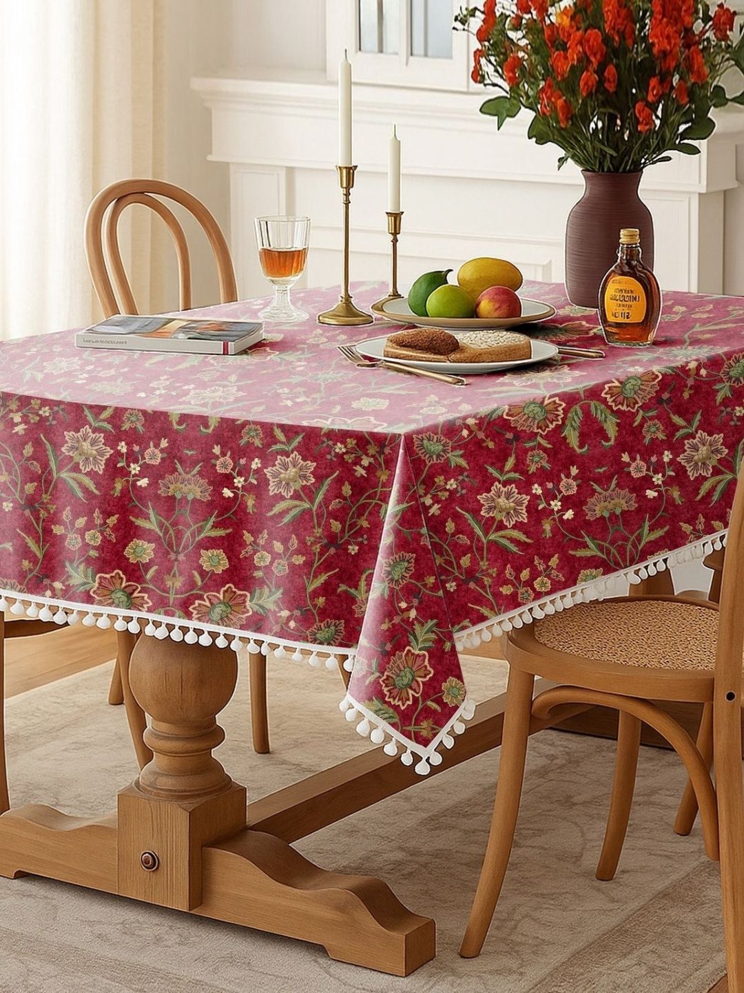 CASABLEU Maroon Floral Printed 6-Seater Table Cover-picture-38